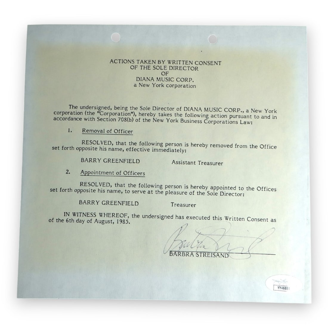 Barbra Streisand Signed Contract Document 1985 JSA Authenticated: Barbra Streisand Signed Contract Document 1985 JSA Authenticated This is an authentic Barbra Streisand signed contract document from 1985, authenticated by James Spence (JSA). The document is a unique