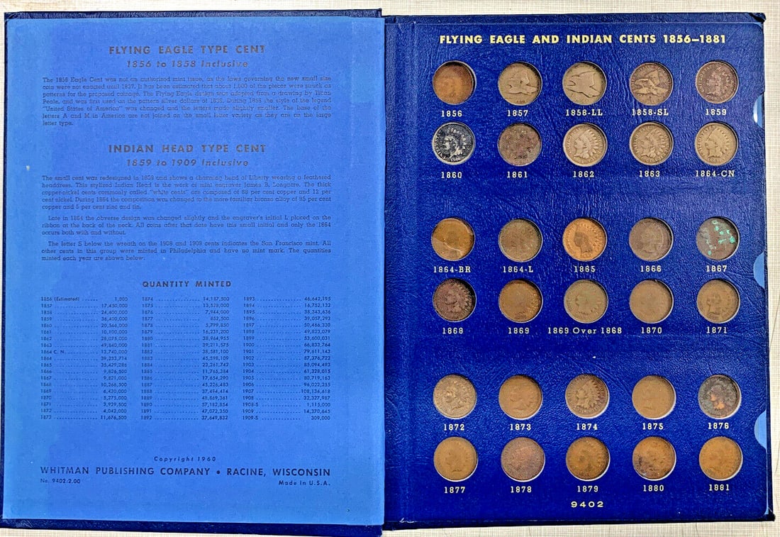 Flying Eagle and Indian Head Cent Collection in Whitman Deluxe Album 1857-1909: Flying Eagle and Indian Head Cent Collection in Whitman Deluxe Album 1857-1909 This set features Flying Eagle and Indian Head cents from 1857 to 1909, housed in a Whitman Deluxe Album. The collection