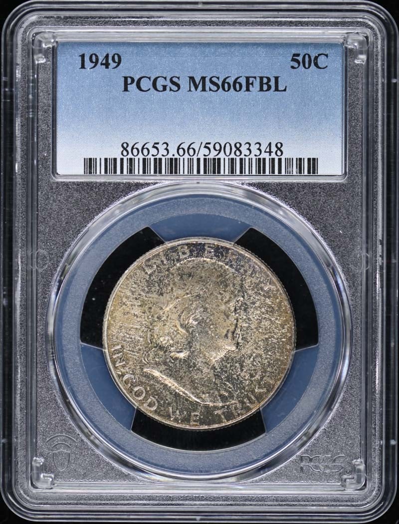 1949 Franklin Half Dollar PCGS MS66 FBL Uncirculated: 1949 Franklin Half Dollar PCGS MS66 FBL Uncirculated This 1949 Franklin Half Dollar is certified by PCGS with a grade of MS66FBL, indicating it is in uncirculated condition. The coin features a striki