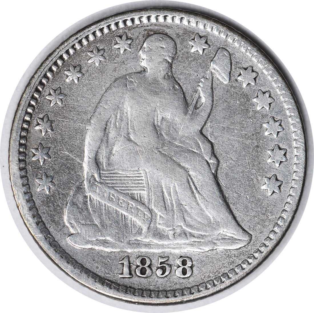 1858 Liberty Seated Half Dime RPD Inverted Date 90% Silver Uncertified: 1858 Liberty Seated Half Dime RPD Inverted Date 90% Silver Uncertified This 1858 Liberty Seated Half Dime features an inverted date error, classified as FS-302. It is a circulated coin with a Very Fin