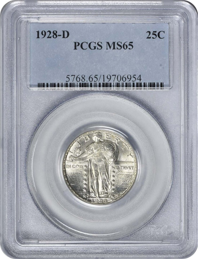 1928-D Standing Liberty Silver Quarter MS65 PCGS Uncirculated: 1928-D Standing Liberty Silver Quarter MS65 PCGS Uncirculated This 1928-D Standing Liberty Silver Quarter is a remarkable example for collectors. Graded MS65 by PCGS, this uncirculated coin boasts a s