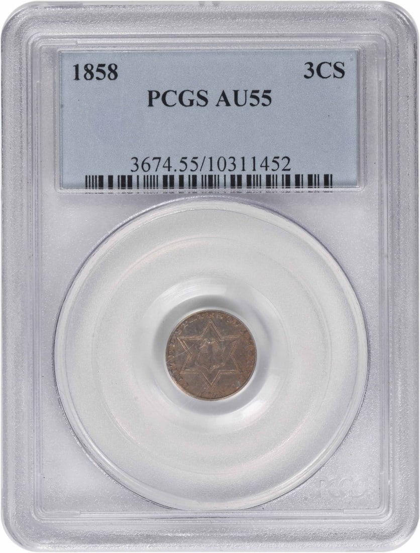 PCGS AU55 1858 Three Cent Silver Coin United States: PCGS AU55 1858 Three Cent Silver Coin United States This 1858 Three Cent Silver coin from the Philadelphia Mint is graded AU55 by PCGS. Designed by James Barton Longacre, it is composed of 90% silver
