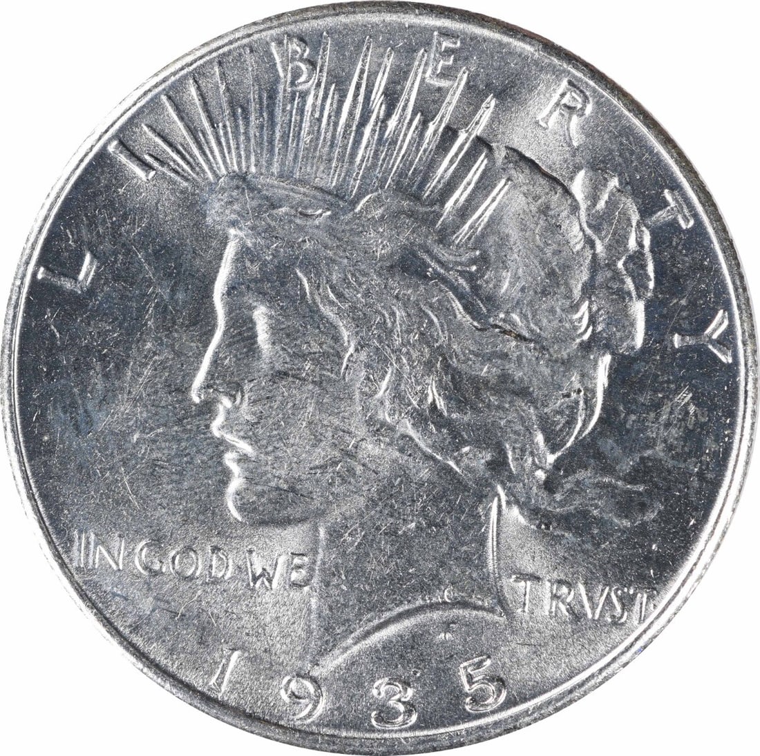 1935 Philadelphia Peace Dollar 90% Silver Uncertified AU: 1935 Philadelphia Peace Dollar 90% Silver Uncertified AU This 1935 Peace Silver Dollar was minted in Philadelphia and features the design by Anthony de Francisci. Composed of 90% silver and 10% copper