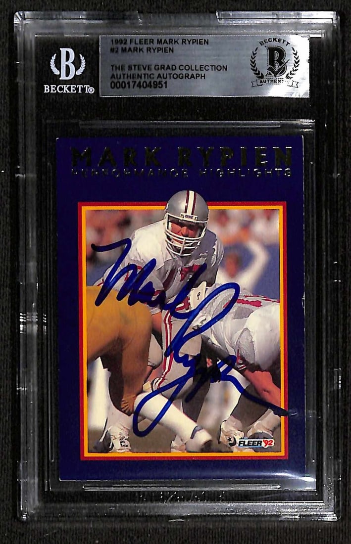 Autographed 1992 Fleer #2 Mark Rypien Card Beckett Authenticated Washington Redskins: Autographed 1992 Fleer #2 Mark Rypien Card Beckett Authenticated Washington Redskins This is an original 1992 Fleer #2 sports trading card featuring Washington Redskins quarterback Mark Rypien. The ca