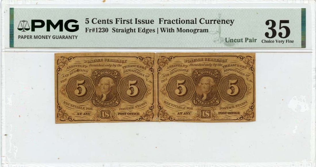 Uncut Pair 5 Cent Fractional Notes PMG VF35 First Issue: Uncut Pair 5 Cent Fractional Notes PMG VF35 First Issue This is a United States First Issue 5 Cents fractional currency uncut pair, certified by PMG with a grade of VF35. The notes are circulated and