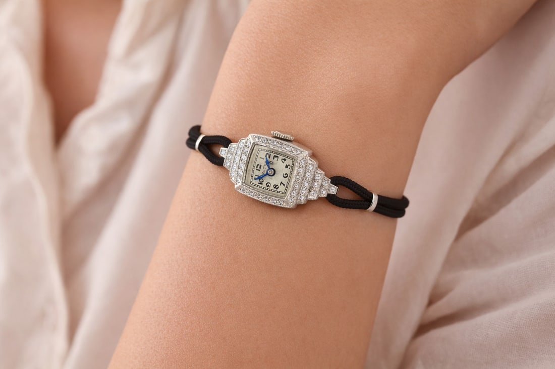 Platinum Art Deco Croton Diamond Wristwatch with Black Cord Strap: Platinum Art Deco Croton Diamond Wristwatch with Black Cord Strap This antique Art Deco Croton wristwatch features a solid platinum square case adorned with approximately 0.45 carats total weight of 4