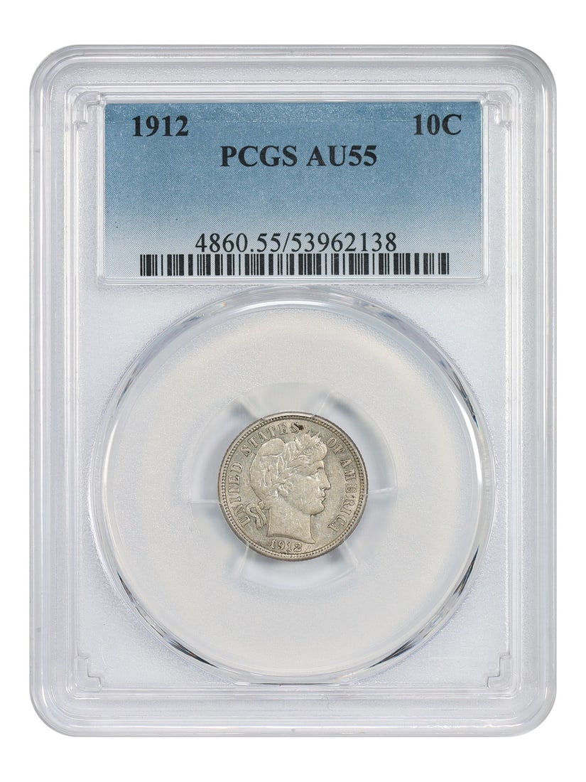 PCGS AU55 1912 Barber Dime Philadelphia 10 Cent Coin: PCGS AU55 1912 Barber Dime Philadelphia 10 Cent Coin This is a 1912 Barber Dime graded AU55 by PCGS. The coin is circulated and was minted in Philadelphia. It belongs to the Barber Dime series and is