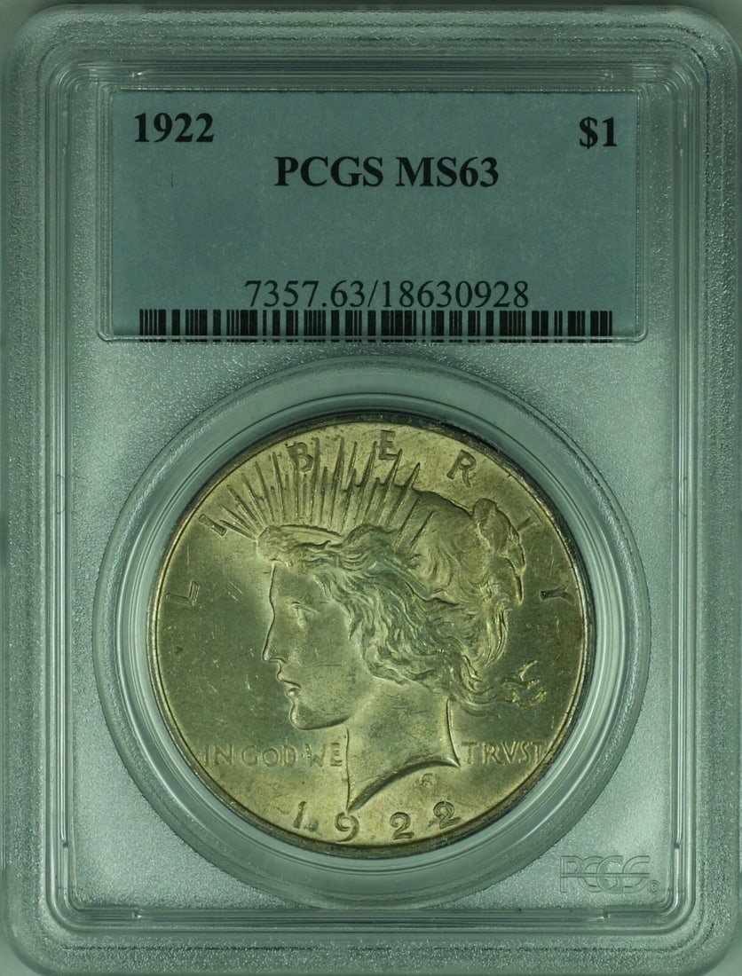 PCGS MS-63 1922 Peace Dollar Silver Coin Lightly Toned Uncirculated: PCGS MS-63 1922 Peace Dollar Silver Coin Lightly Toned Uncirculated This is a 1922 Peace Silver Dollar $1 coin, certified by PCGS with a grade of MS-63. The coin was minted in Philadelphia, is lightly