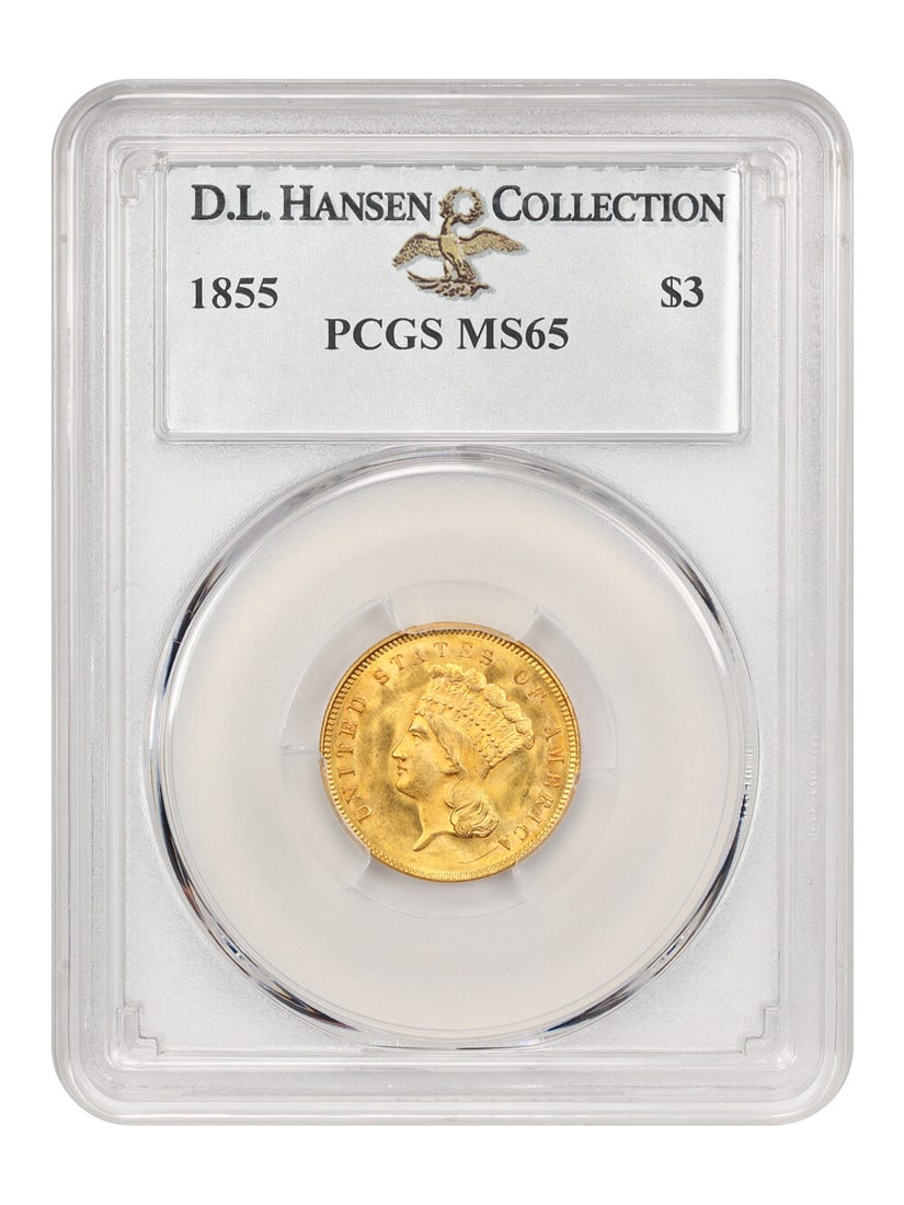 1855 $3 Gold Coin PCGS MS65 D.L. Hansen Condition Census: 1855 $3 Gold Coin PCGS MS65 D.L. Hansen Condition Census This stunning 1855 $3 gold coin, certified by PCGS with a grade of MS65, is an uncirculated gem that stands out in any collection. With a strik