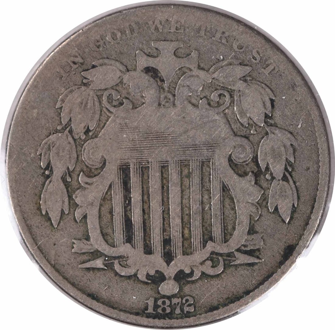 1872 Shield Nickel DDO FS-104 Circulated Coin by James Barton Longacre: 1872 Shield Nickel DDO FS-104 Circulated Coin by James Barton Longacre This 1872 Shield Nickel features the renowned design by James Barton Longacre. It is a circulated coin in very good (VG) conditio