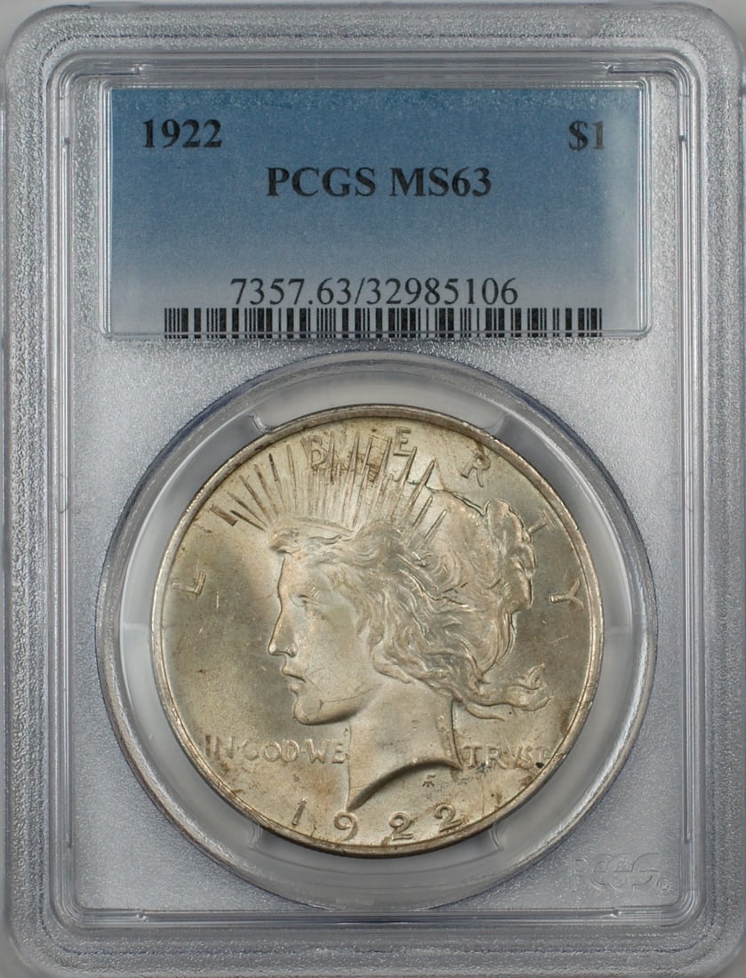 1922 Peace Dollar Silver $1 Coin MS 63 ANACS Light Toning Philadelphia Mint: 1922 Peace Dollar Silver $1 Coin MS 63 ANACS Light Toning Philadelphia Mint This 1922 Silver Peace Dollar features a lightly toned finish and is certified with a grade of MS 63. Minted in Philadelphia