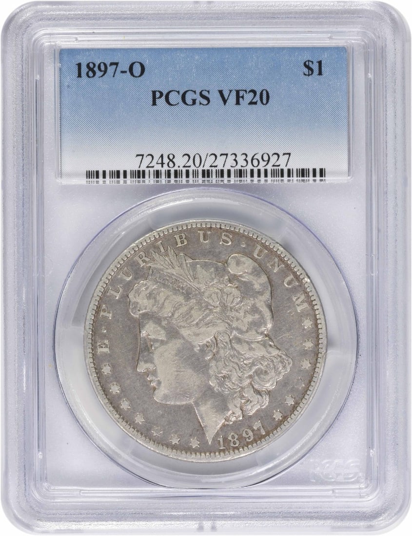 PCGS VF20 1897-O Morgan Dollar 90% Silver New Orleans Mint: PCGS VF20 1897-O Morgan Dollar 90% Silver New Orleans Mint This 1897-O Morgan Silver Dollar is graded VF20 by PCGS, indicating very fine condition. Struck at the New Orleans Mint, it features a compos