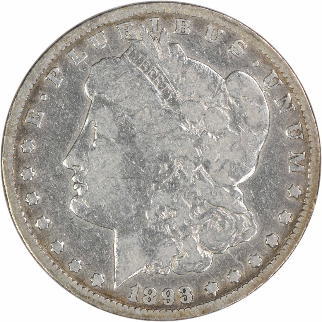 Carson City 1893 Morgan Dollar VG Grade Uncertified 90 Percent Silver Coin: Carson City 1893 Morgan Dollar VG Grade Uncertified 90 Percent Silver Coin This is an 1893-CC Morgan Silver Dollar in circulated condition. It is composed of 90% silver and 10% copper, minted at the C