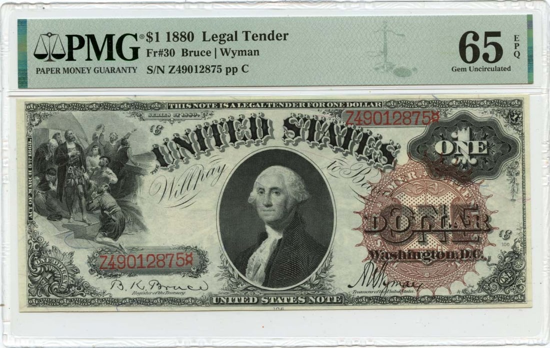 PMG Graded 1880 One Dollar Legal Tender Large Seal Note GEM 65 EPQ: PMG Graded 1880 One Dollar Legal Tender Large Seal Note GEM 65 EPQ This is an 1880 $1 Legal Tender Note from the United States, designated as FR#30. The note is certified by PMG with a grade of GEM 65