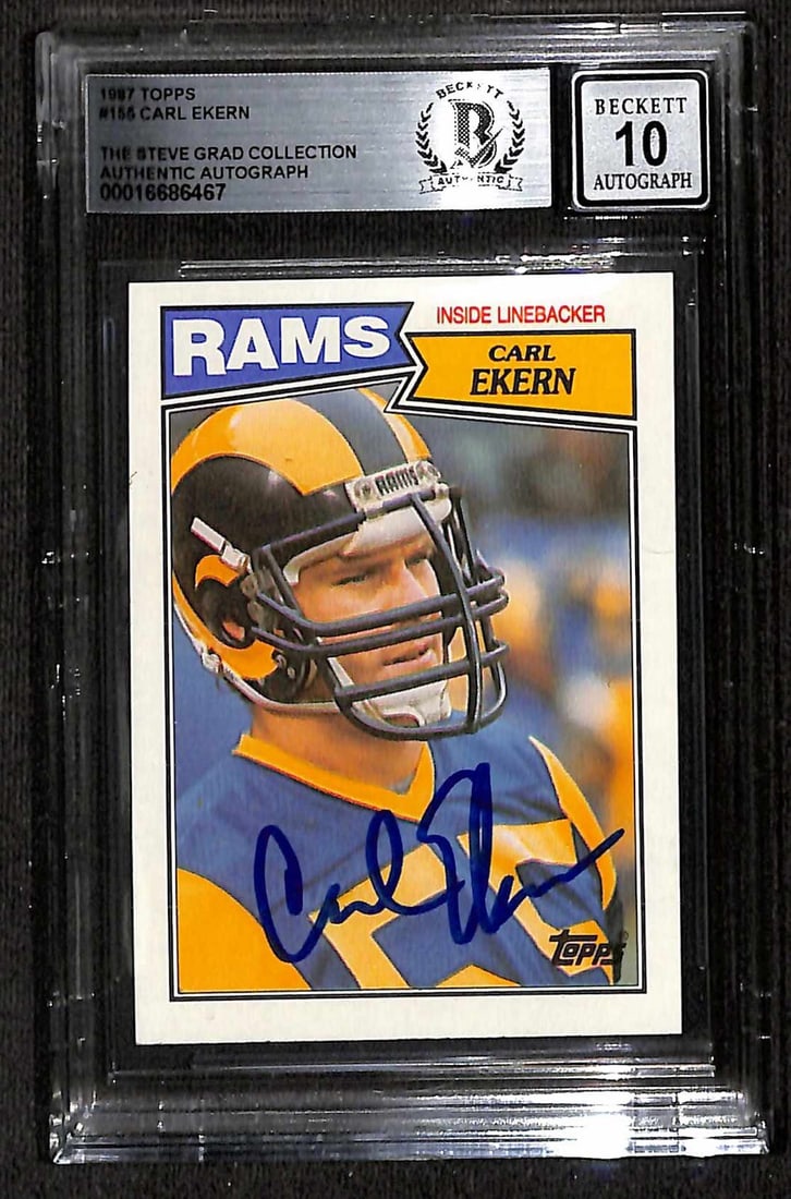 Carl Ekern Signed 1987 Topps #155 Football Card Graded 10 Beckett: Carl Ekern Signed 1987 Topps #155 Football Card Graded 10 Beckett This is an original 1987 Topps #155 sports trading card featuring an autograph from Carl Ekern, the former Los Angeles Rams linebacker