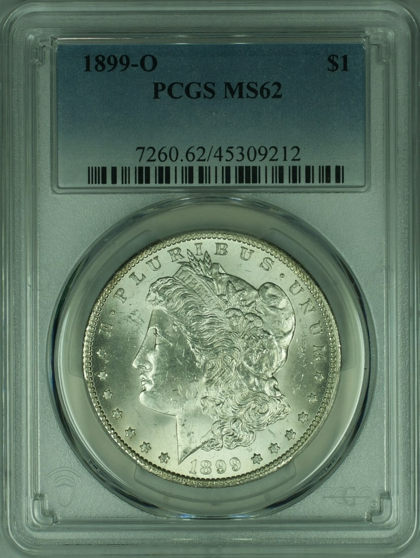 PCGS MS-62 1899 New Orleans Morgan Dollar Silver Coin: PCGS MS-62 1899 New Orleans Morgan Dollar Silver Coin This is a 1899-O Morgan Silver Dollar $1 coin minted in New Orleans, graded MS-62 by PCGS. The coin is uncirculated and composed of silver, making