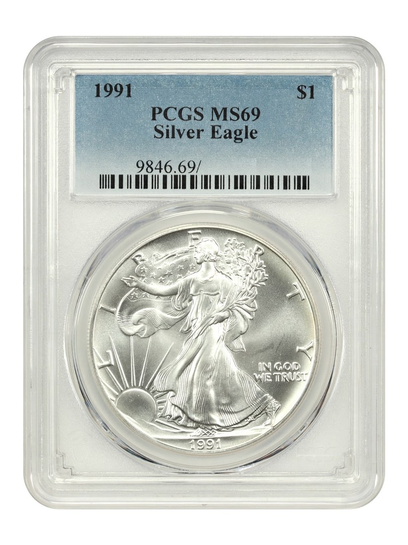 1991 One Dollar Silver Eagle Coin PCGS MS69 Uncirculated: 1991 One Dollar Silver Eagle Coin PCGS MS69 Uncirculated This 1991 $1 Silver Eagle bullion coin contains one ounce of pure silver and has been graded MS69 by PCGS. Issued by the Philadelphia Mint, thi