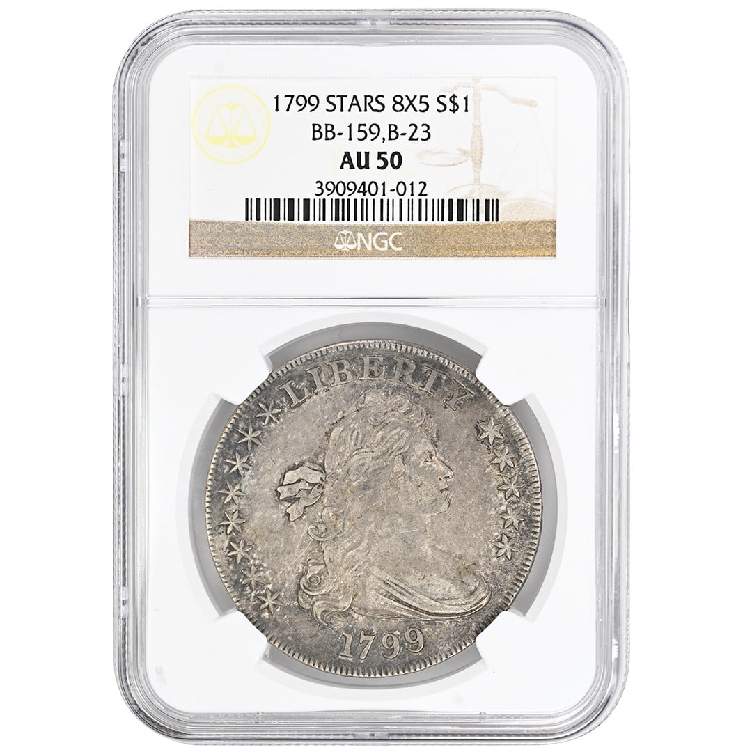 1799 Draped Bust Silver Dollar NGC AU50 Rare Philadelphia Mint Coin: 1799 Draped Bust Silver Dollar NGC AU50 Rare Philadelphia Mint Coin This is a rare 1799 Draped Bust Dollar, certified by NGC with a grade of AU50. Minted in Philadelphia, this historic silver coin fea