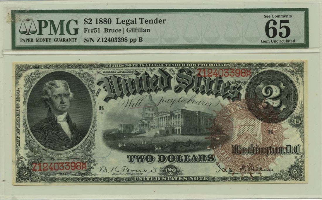 PMG MS65 EPQ 1880 United States Two Dollar Legal Tender Note: PMG MS65 EPQ 1880 United States Two Dollar Legal Tender Note This is an 1880 $2 Legal Tender Note from the United States, certified by PMG with a grade of MS65 and the EPQ (Exceptional Paper Quality)