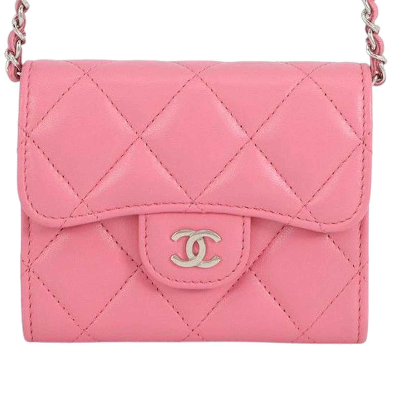 Chanel Pink Lambskin Quilted Chain Card Holder with Flap: Chanel Pink Lambskin Quilted Chain Card Holder with Flap This Chanel CC Quilted Lambskin Flap Card Holder on Chain features a quilted lambskin leather body in pink, complemented by a leather-woven sho