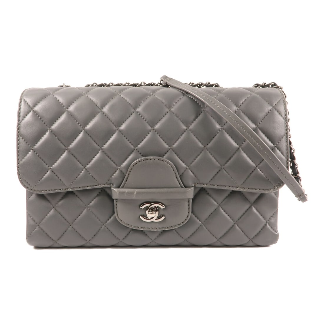 Chanel Grey Lambskin CC Shoulder Bag with Silver Chain Hardware: Chanel Grey Lambskin CC Shoulder Bag with Silver Chain Hardware This CHANEL shoulder bag features luxurious gray lambskin leather and is designed with a classic CC logo and silver-tone hardware. The b