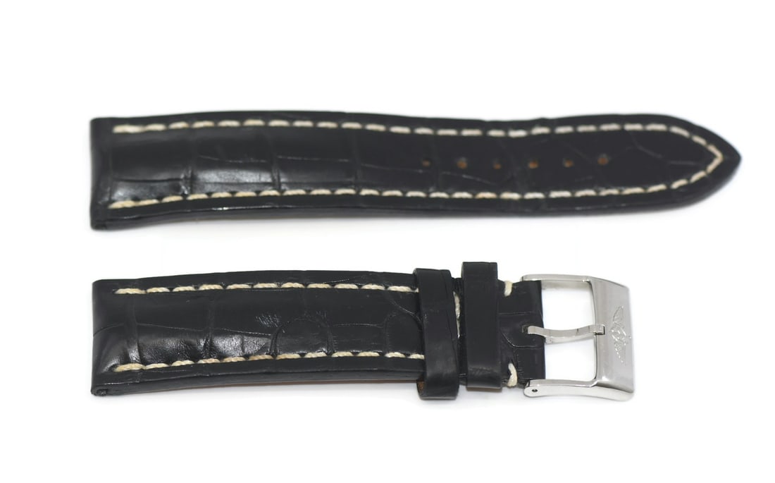 Authentic Breitling Black Leather Wristwatch Band 22mm (1 of 2)