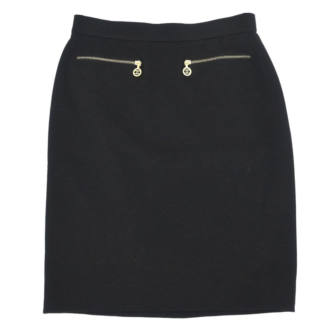 Chanel Knee Length Wool Blend Skirt Size 42 Black with Logo Accent (1 of 11)
