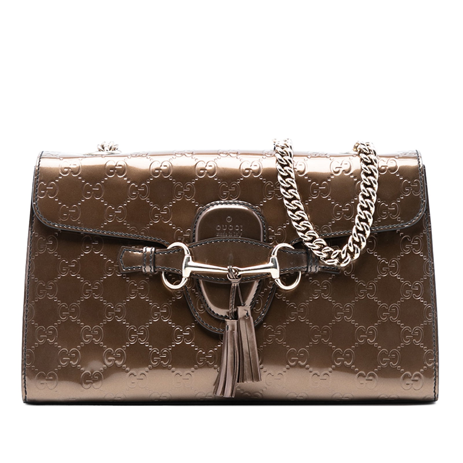 Gucci Emily Brown Patent Leather Chain Shoulder Bag with Tassel (1 of 7)