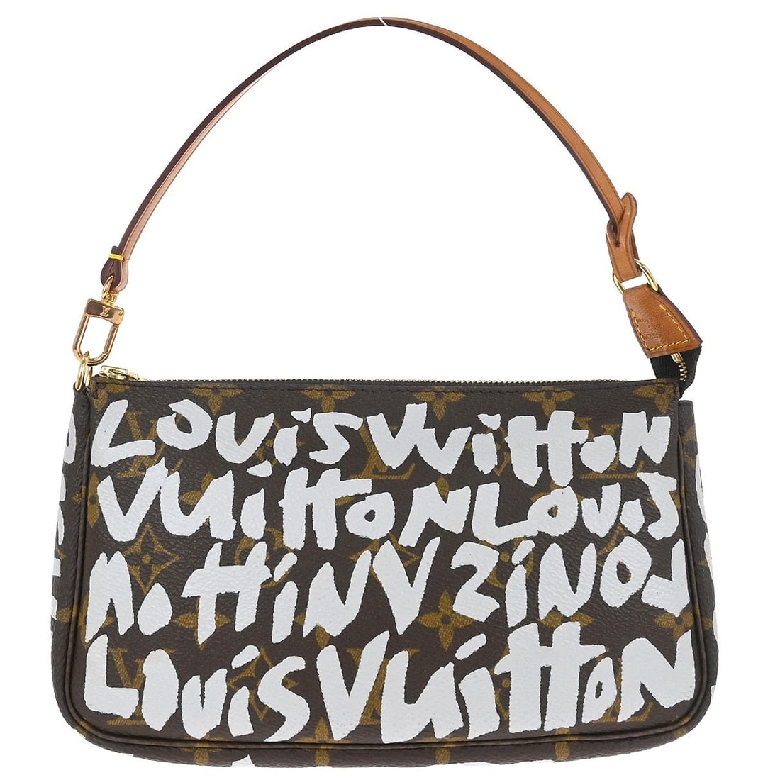 White Monogram Graffiti Canvas Pochette Accessoires Small Top Handle Bag: White Monogram Graffiti Canvas Pochette Accessoires Small Top Handle Bag This Louis Vuitton Pochette Accessoires handbag features the iconic Monogram Graffiti canvas leather in white and brown, accent