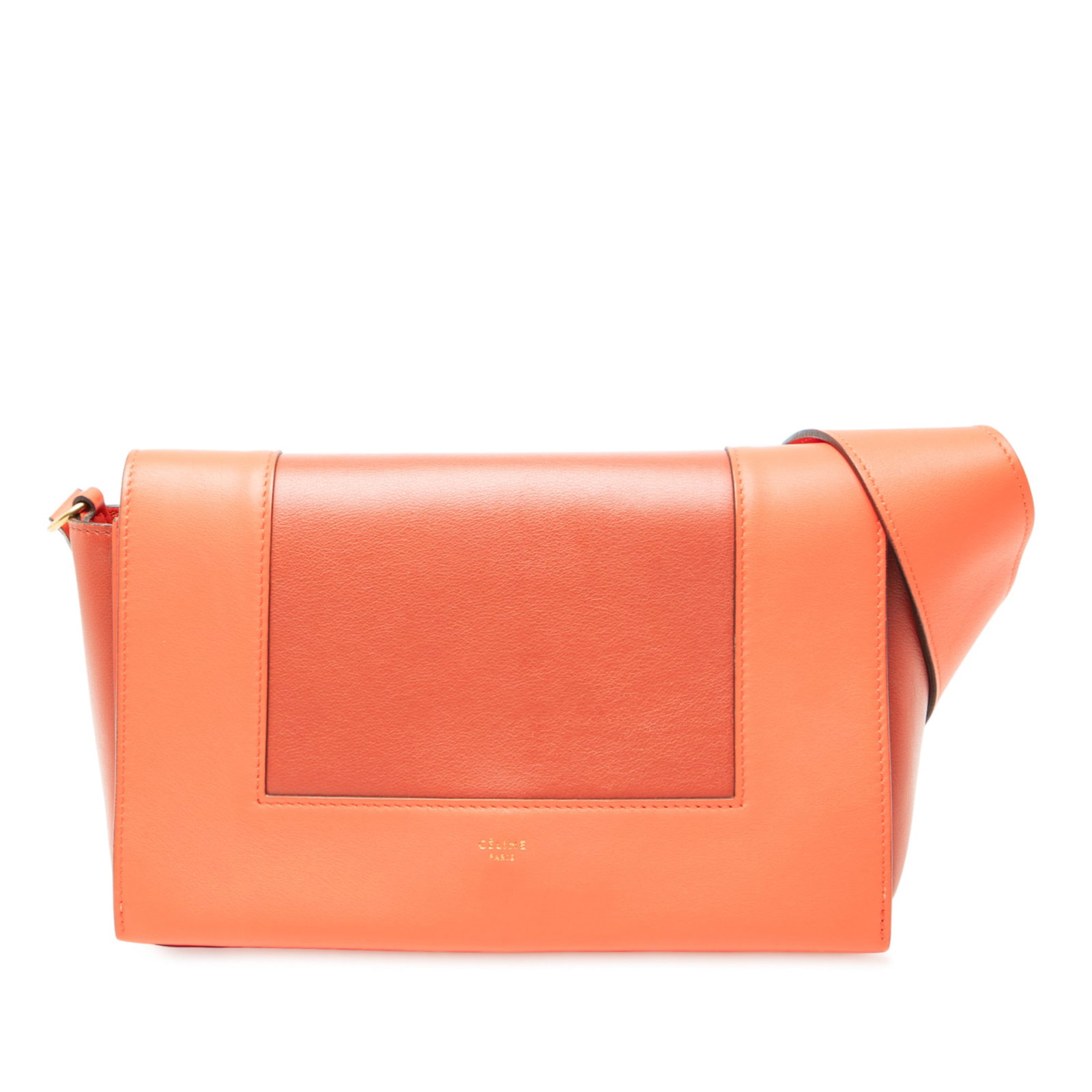 Celine Frame Orange Leather Shoulder Bag with Flap Closure: Celine Frame Orange Leather Shoulder Bag with Flap Closure This Celine Frame Shoulder Bag features a sleek orange leather exterior, a flat leather shoulder strap, and a front flap closure. The interio