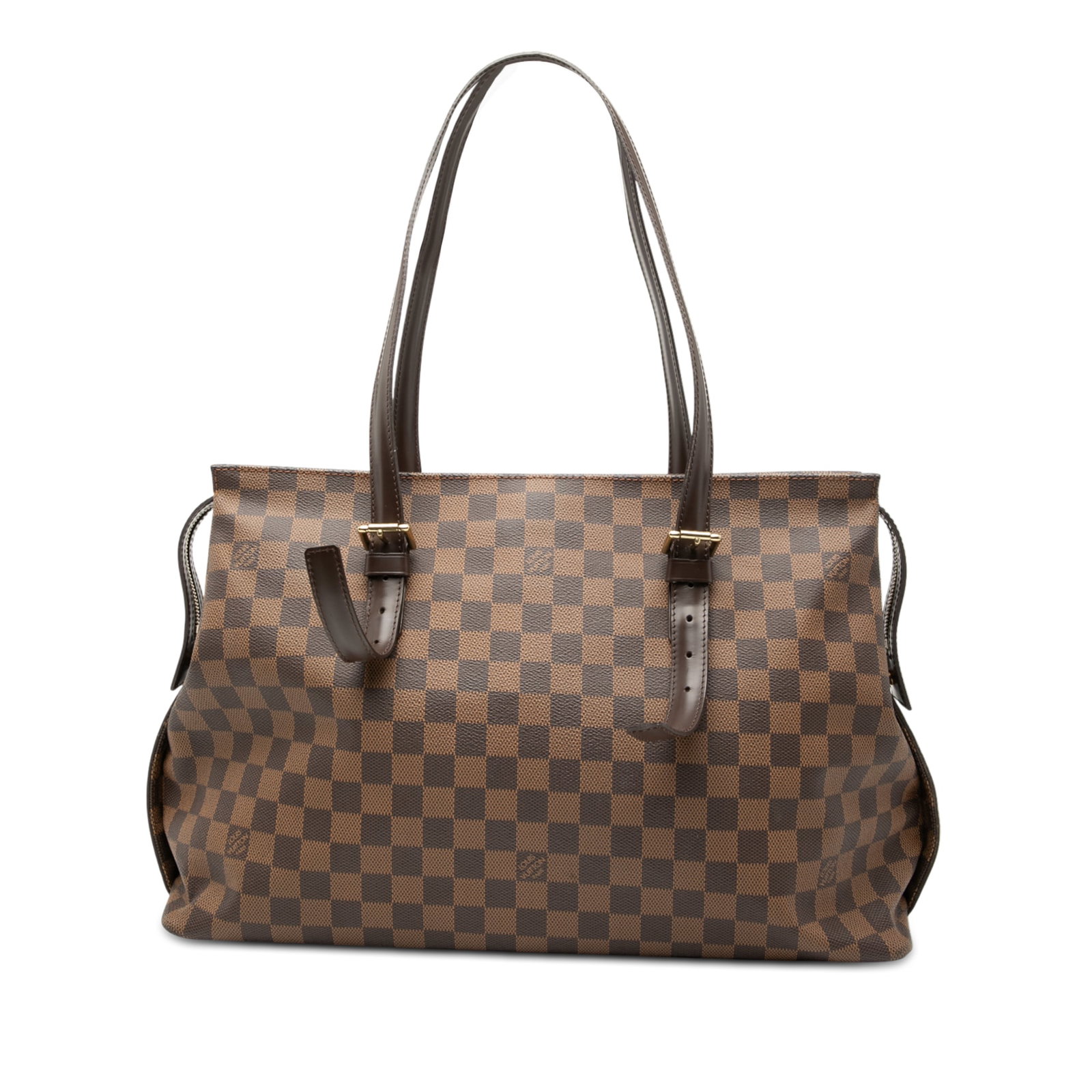 Damier Ebene Chelsea Shoulder Bag with Adjustable Straps by Louis Vuitton: Damier Ebene Chelsea Shoulder Bag with Adjustable Straps by Louis Vuitton This Louis Vuitton Damier Ebene Chelsea bag features the iconic damier ebene canvas with leather trim and adjustable flat leat