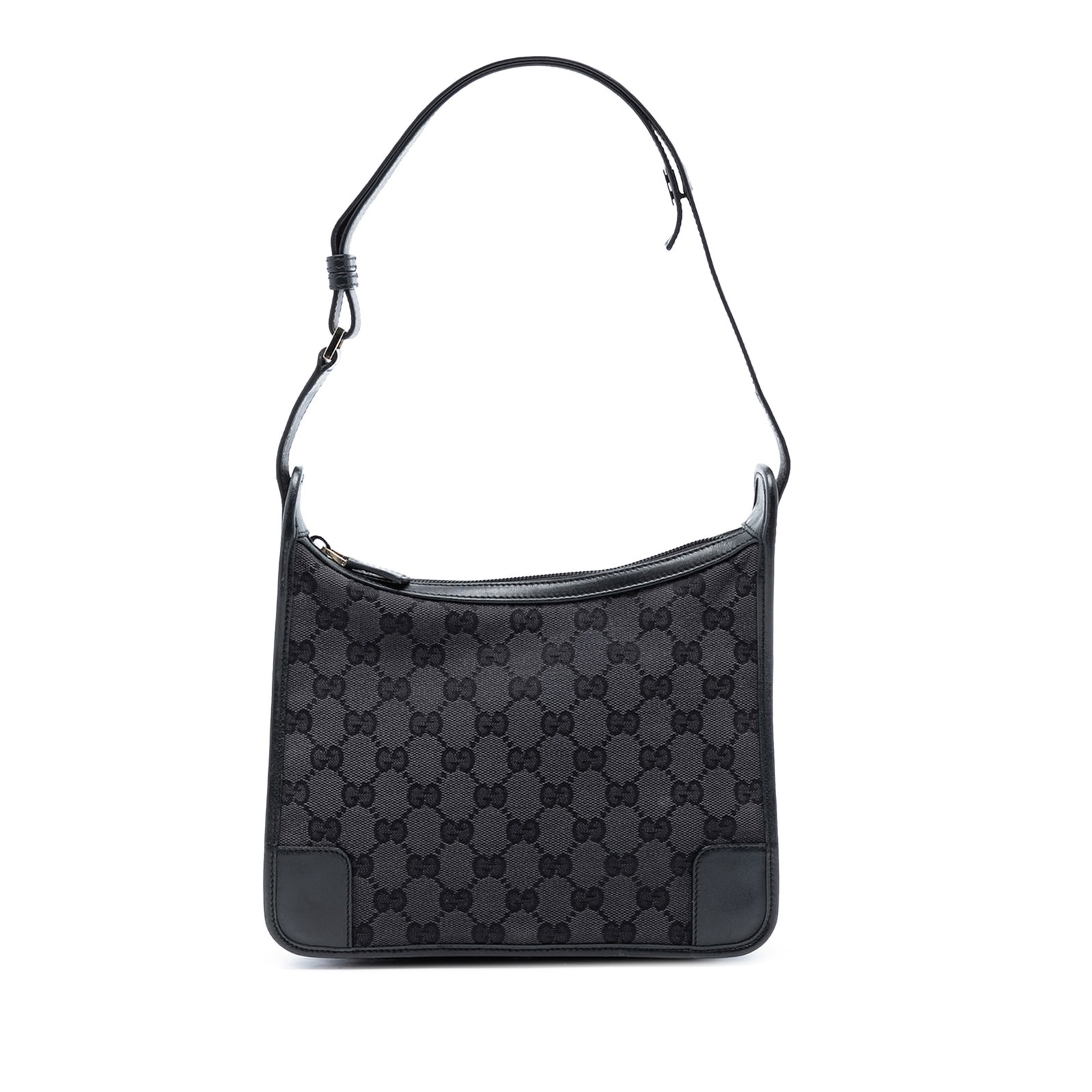 GG Canvas Gray Shoulder Bag with Leather Trim by Gucci: GG Canvas Gray Shoulder Bag with Leather Trim by Gucci This Gucci GG Canvas Shoulder Bag features a canvas body with leather trim, a flat leather strap, a top zip closure, and an interior zip pocket.