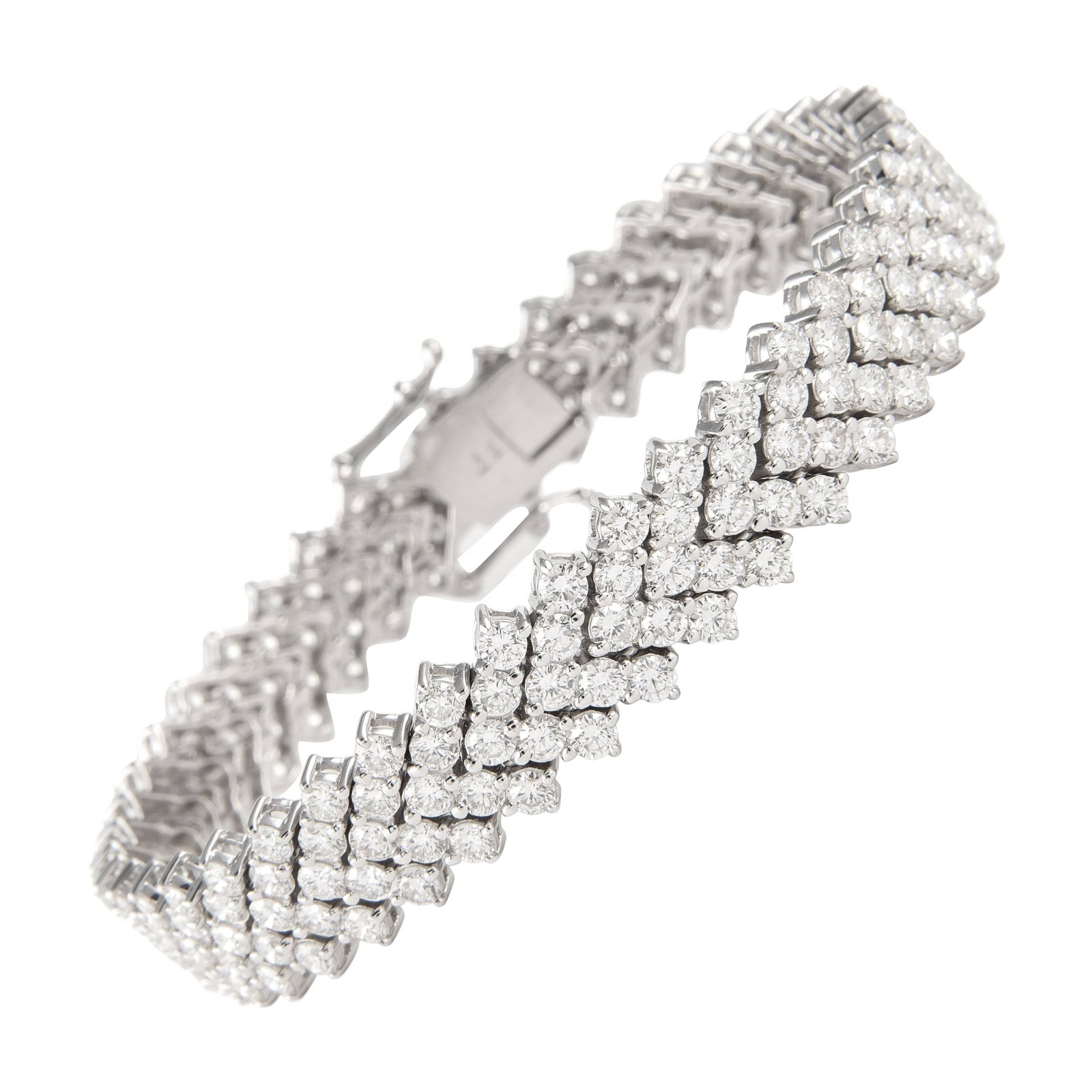 12.71ct Five-Row Diamond Bracelet 18k White Gold: 12.71ct Five-Row Diamond Bracelet 18k White Gold This stunning five-row diamond bracelet showcases a total of 213 round-cut diamonds, weighing 12.71 carats, set in luxurious 18k white gold. With appro