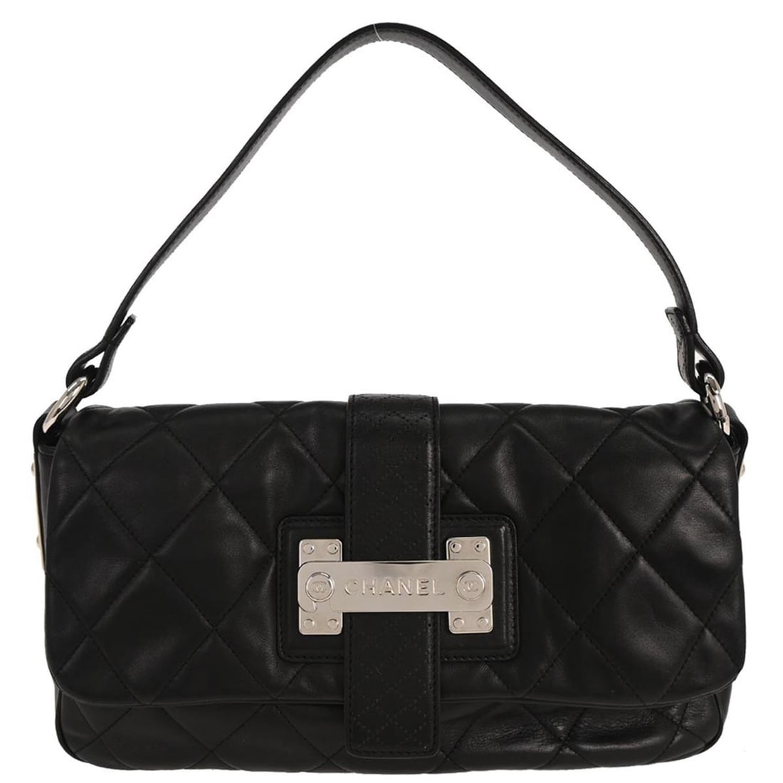 Medium Black Lambskin Leather Top Handle Bag by Chanel: Medium Black Lambskin Leather Top Handle Bag by Chanel This Chanel black lambskin handbag features a medium-sized silhouette with a classic top handle design. The exterior is crafted from smooth black