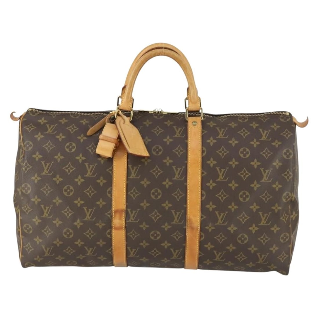 Unisex Louis Vuitton Monogram Canvas Keepall 50cm Travel Bag: Unisex Louis Vuitton Monogram Canvas Keepall 50cm Travel Bag Louis Vuitton Keepall Bag crafted from monogram canvas designed for unisex use. The bag features a brown canvas exterior with leather handl