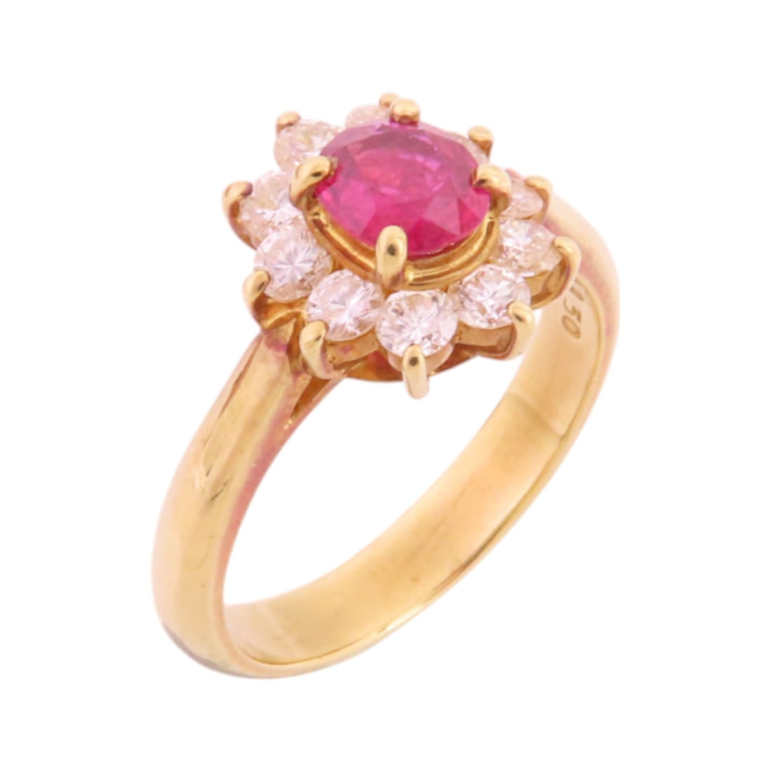 JEWELRY K18 Yellow Gold Ruby Diamond Ring Size 5: JEWELRY K18 Yellow Gold Ruby Diamond Ring Size 5 This exquisite ring features a stunning red ruby as the main stone, elegantly set in lustrous K18 yellow gold. The ring, designed in a classic style, i
