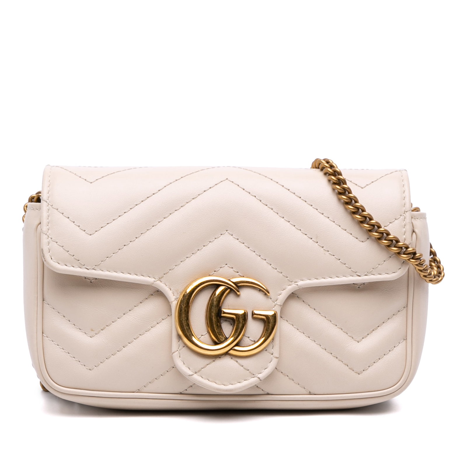 Mini GG Marmont White Quilted Leather Crossbody Bag by Gucci: Mini GG Marmont White Quilted Leather Crossbody Bag by Gucci This Gucci Mini GG Marmont Matelasse Leather Flap Crossbody features a quilted leather body in white, a chain link shoulder strap, and a fl