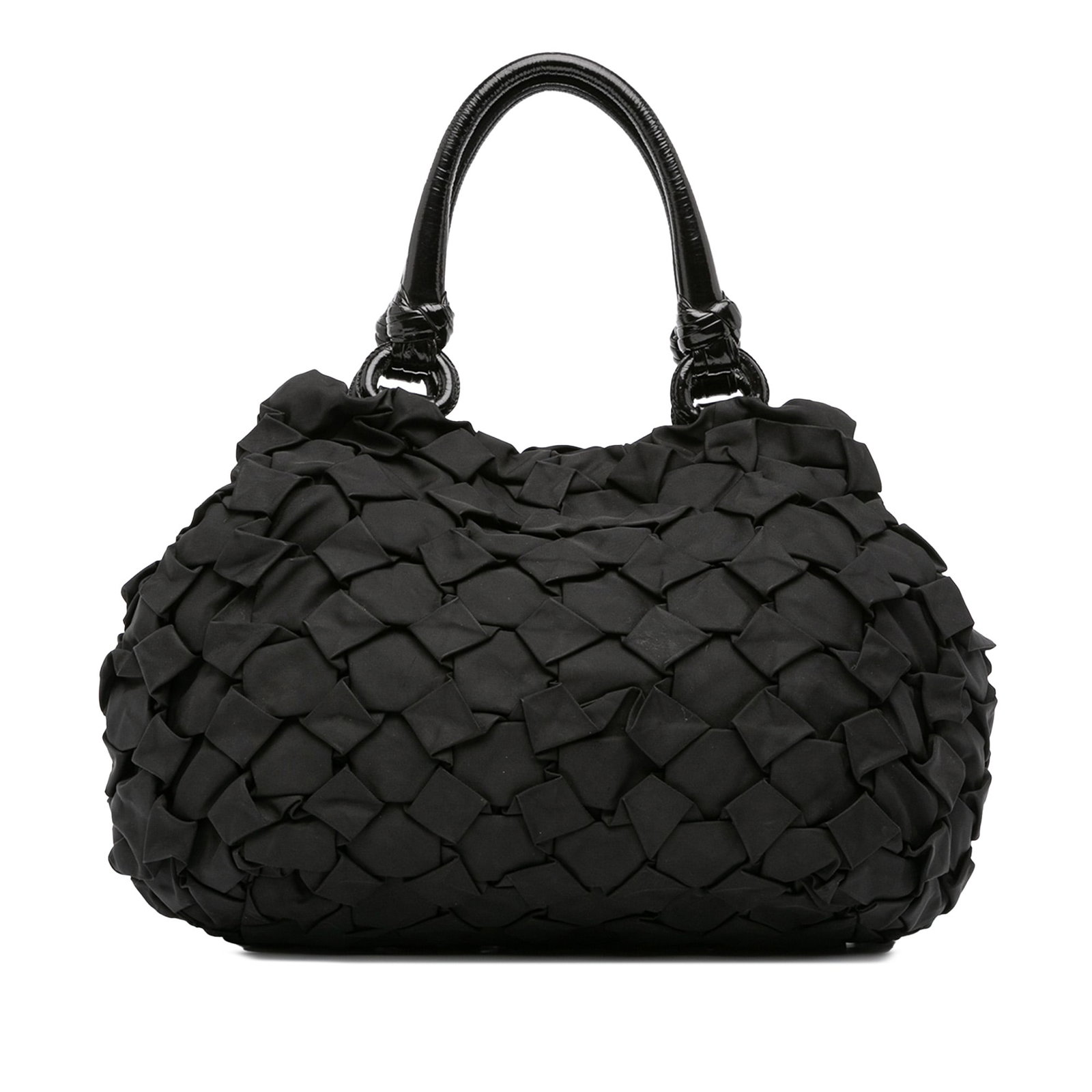 Prada Tessuto Weave Tote Black Nylon with Patent Leather Handles: Prada Tessuto Weave Tote Black Nylon with Patent Leather Handles Introducing the Prada Tessuto Weave Tote, a sophisticated and stylish bag crafted with a durable weave nylon body. This tote is enhance