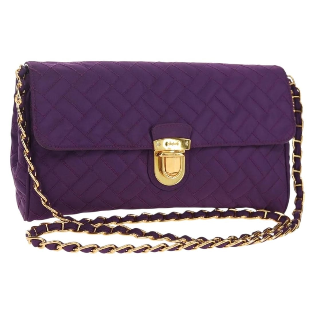 PRADA Purple Gold Nylon Chain Shoulder Bag Auth 154699V: PRADA Purple Gold Nylon Chain Shoulder Bag Auth 154699V This PRADA Chain Shoulder Bag is crafted from durable nylon in a stunning purple and gold color combination. Designed for both style and functio