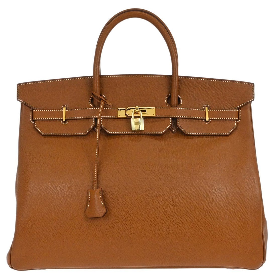 Birkin 40 Large Gold Leather Double Handle Handbag with Turn Lock: Birkin 40 Large Gold Leather Double Handle Handbag with Turn Lock This Hermes Birkin 40 handbag features gold Courchevel leather with double handles and a flap turn lock closure. The large-sized bag i