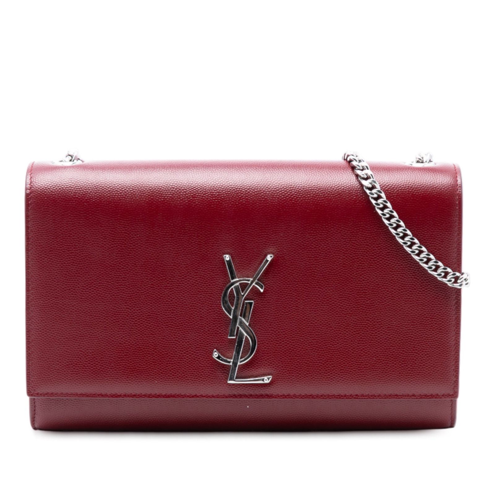 Red Leather Kate Monogram Crossbody Bag by Saint Laurent: Red Leather Kate Monogram Crossbody Bag by Saint Laurent This Saint Laurent Medium Grain De Poudre Monogram Kate Crossbody bag features a red leather exterior, a curb chain link strap, and a front fla