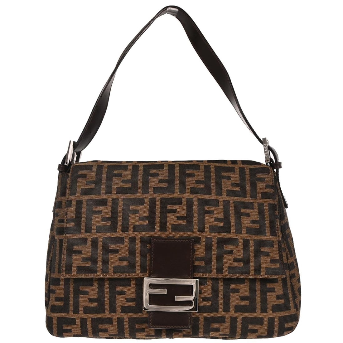 Fendi Zucca Mamma Baguette Canvas Shoulder Bag in Brown: Fendi Zucca Mamma Baguette Canvas Shoulder Bag in Brown This Fendi Mamma Baguette handbag features the iconic brown Zucca canvas pattern with silver-tone hardware. Designed with a medium size, the bag