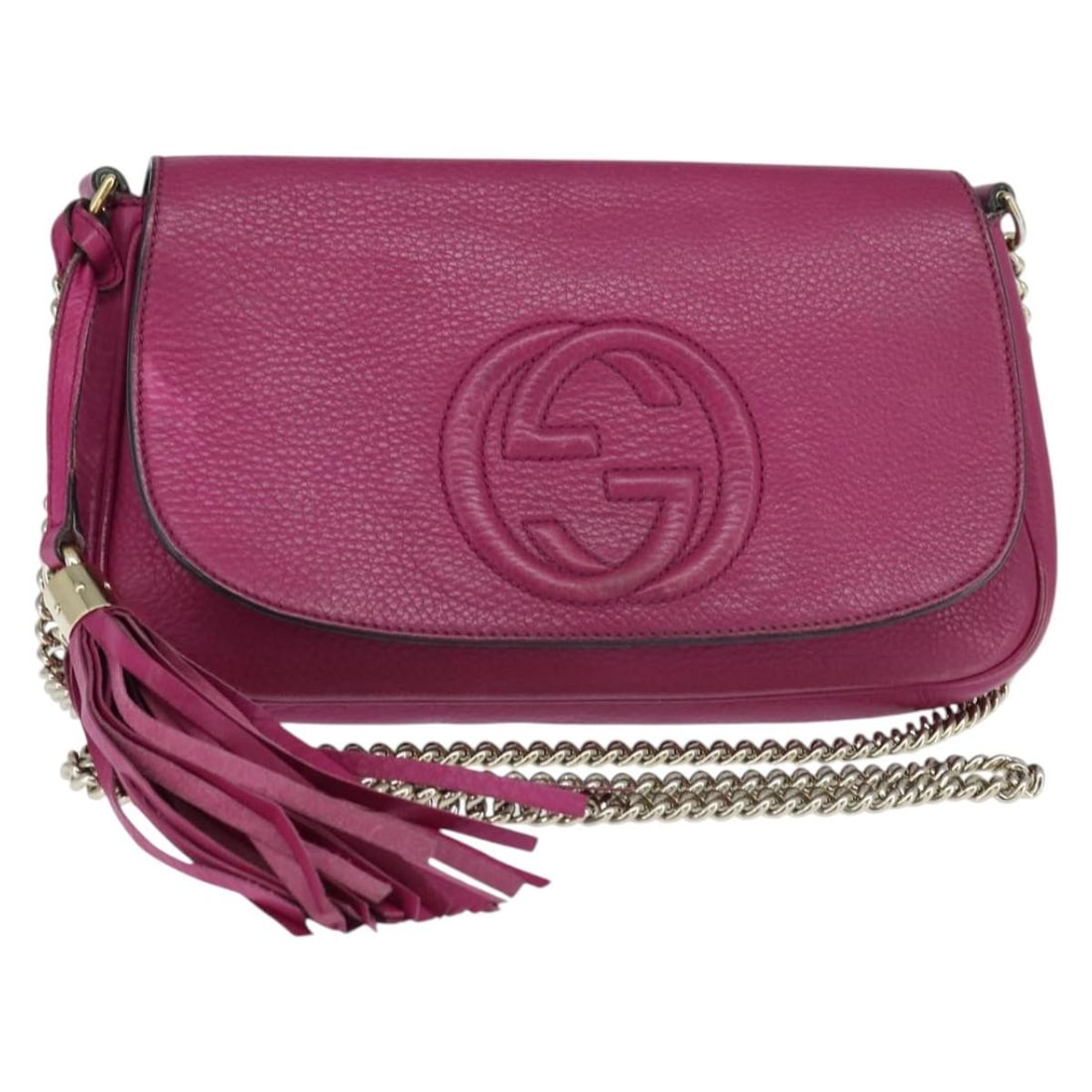 Gucci Leather Soho Chain Crossbody Bag Pink 27cm x 14cm x 5cm: Gucci Leather Soho Chain Crossbody Bag Pink 27cm x 14cm x 5cm This Gucci Soho Chain Crossbody Bag for women features pink leather construction with a chain shoulder strap. It has visible signs of wear