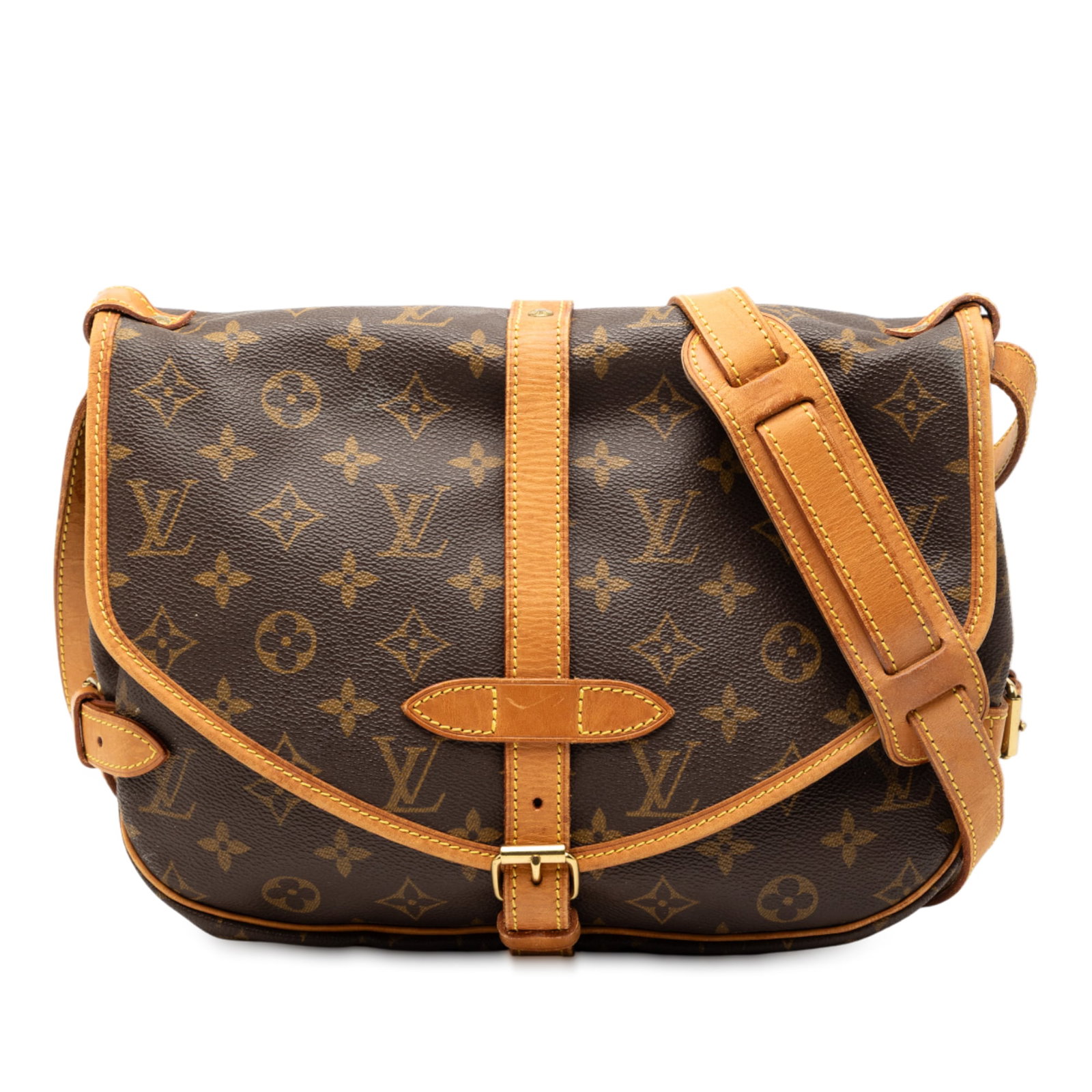 Saumur 30 Monogram Canvas Shoulder Bag with Vachetta Leather Trim: Saumur 30 Monogram Canvas Shoulder Bag with Vachetta Leather Trim The Louis Vuitton Monogram Saumur 30 features a monogram canvas body with vachetta leather trim and an adjustable flat vachetta leathe