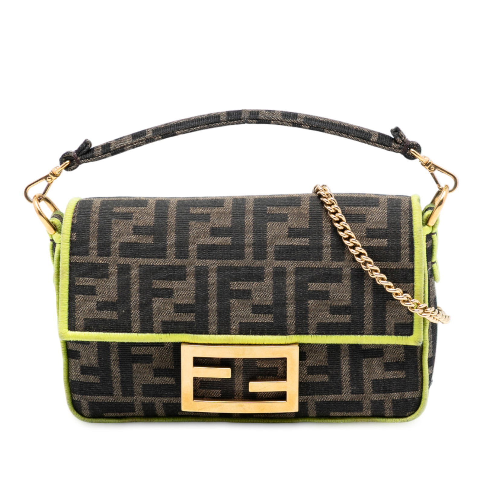 Fendi Mini Zucca 1974 Roma Amor Baguette Neon Trim Crossbody Bag: Fendi Mini Zucca 1974 Roma Amor Baguette Neon Trim Crossbody Bag This Fendi Mini Zucca Canvas 1974 Roma Amor Baguette Crossbody features a canvas body with neon color trim, a detachable top handle, an