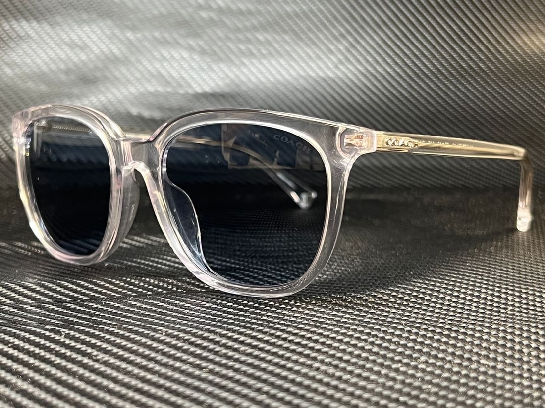 COACH HC8338U 511172 Clear Square 55mm Men's Sunglasses with Grey Blue Lenses: COACH HC8338U 511172 Clear Square 55mm Men's Sunglasses with Grey Blue Lenses Elevate your eyewear collection with these COACH HC8338U 511172 men's sunglasses. Featuring a stylish clear square frame,