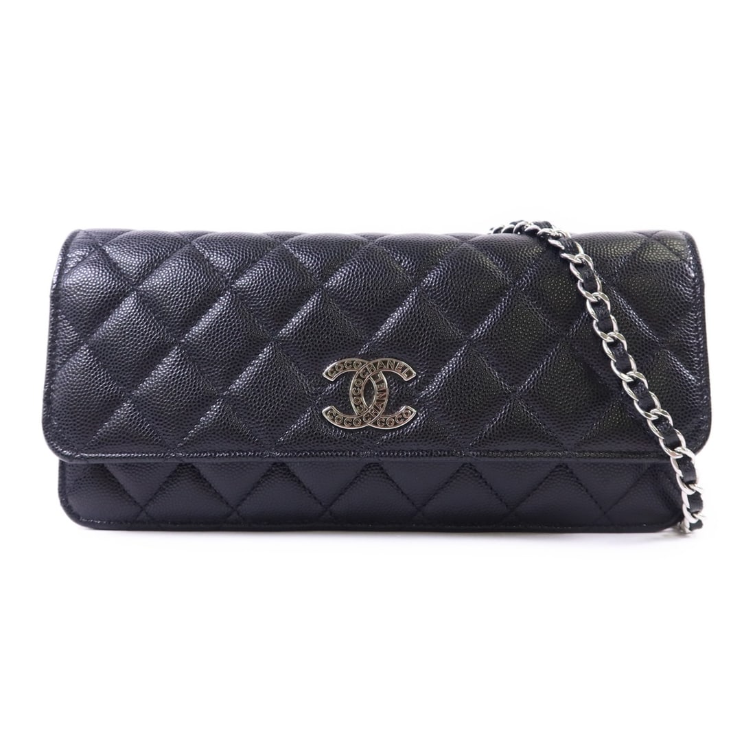 Chanel AP3838 Black Calfskin Flap Phone Chain Shoulder Bag with Silver Hardware: Chanel AP3838 Black Calfskin Flap Phone Chain Shoulder Bag with Silver Hardware This CHANEL CC Flap Phone Bag is crafted from black calfskin leather and features silver-tone hardware. Designed as a co