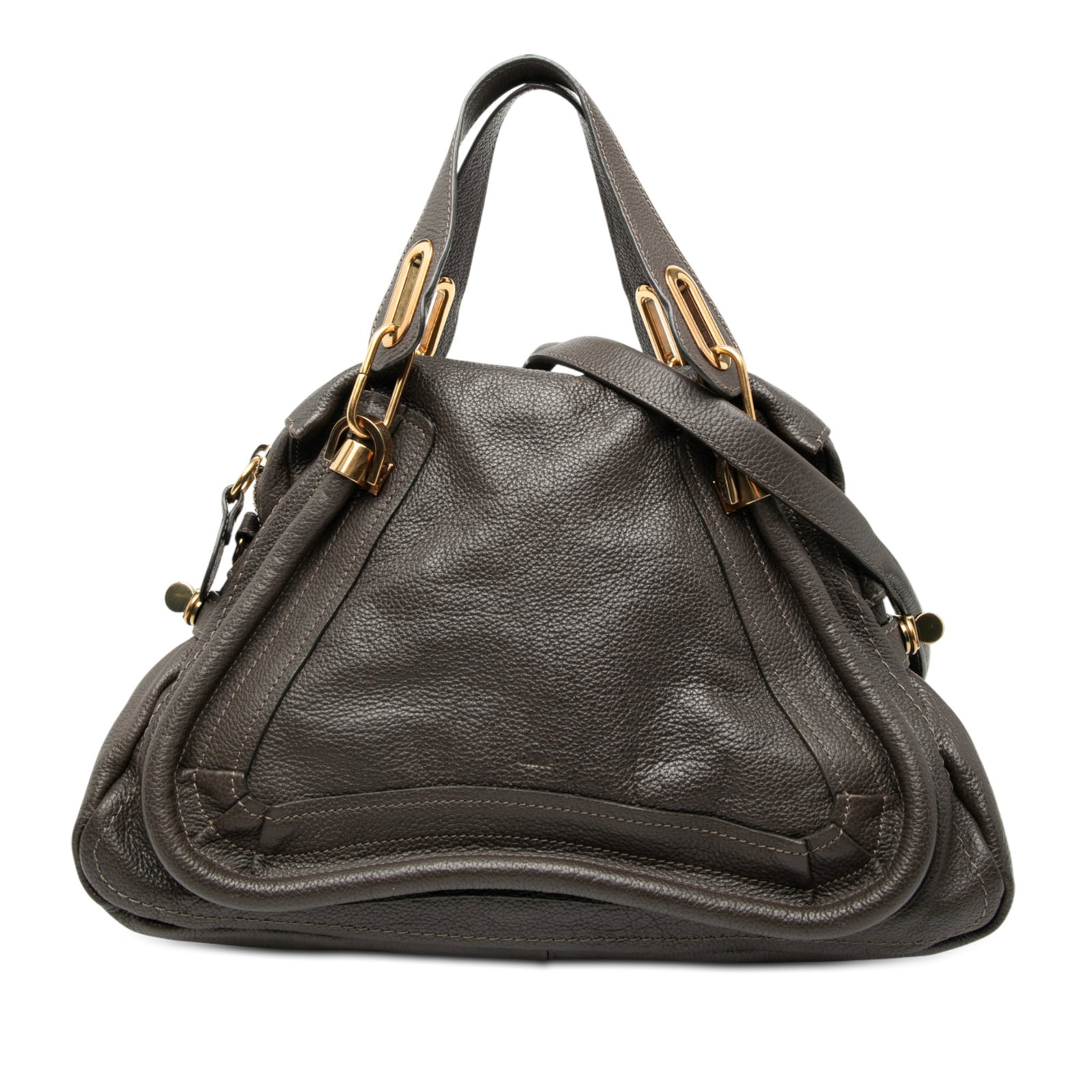 Gray Leather Paraty Medium Satchel by Chloe with Detachable Strap: Gray Leather Paraty Medium Satchel by Chloe with Detachable Strap This Chloe Medium Paraty Satchel features a gray leather body, flat leather handles, and a detachable rolled leather strap. The bag is