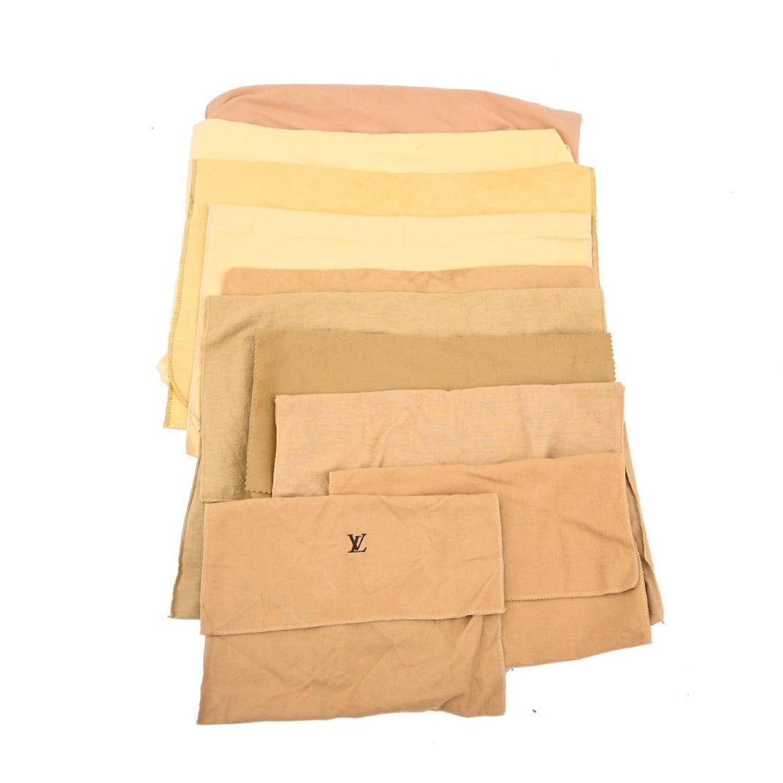 Set of 10 Louis Vuitton Brown Beige Cotton Dustbags: Set of 10 Louis Vuitton Brown Beige Cotton Dustbags This set includes 10 Louis Vuitton dust bags made from 100% cotton in a brown and beige color scheme. Designed for unisex use, these dust bags provi