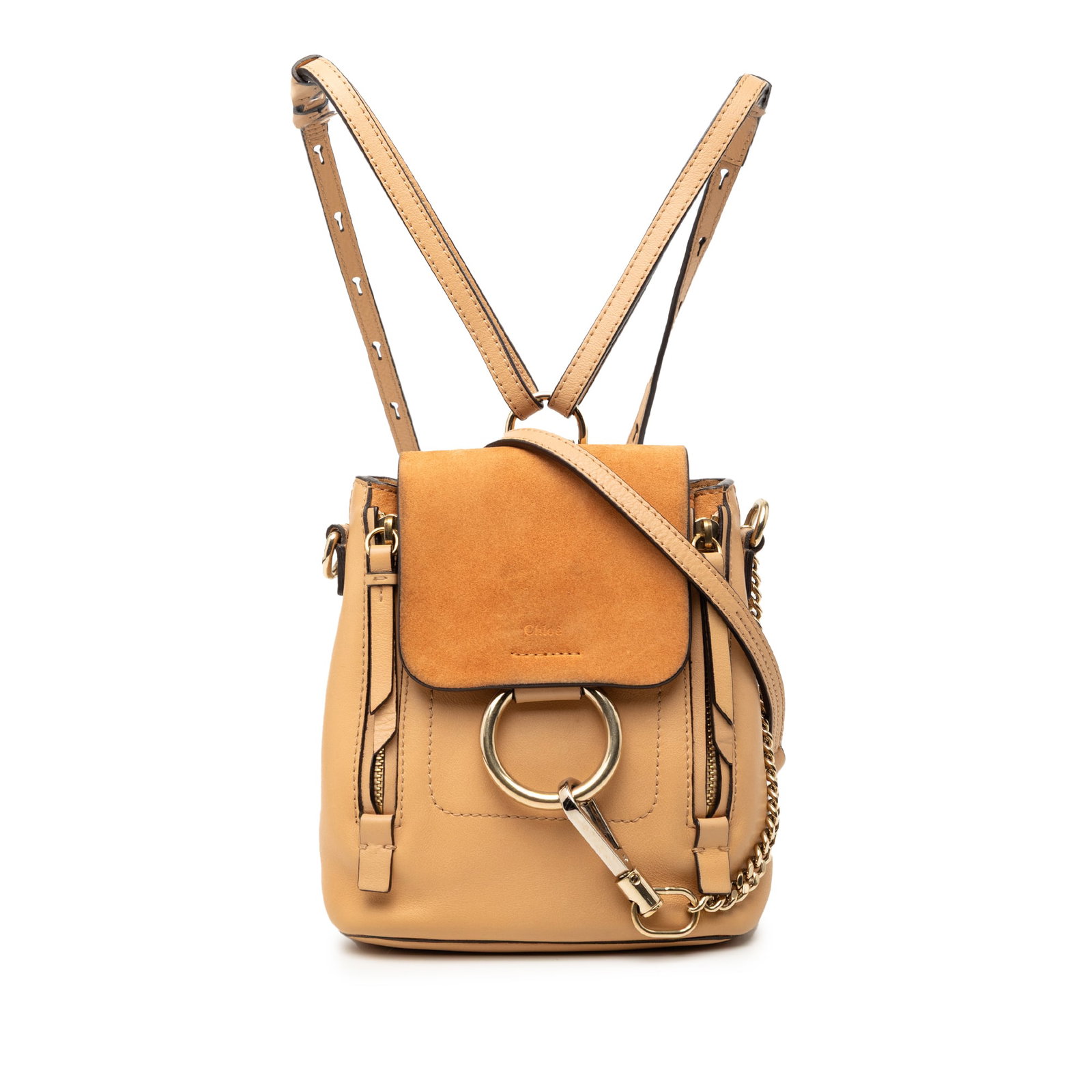 Brown Mini Faye Backpack by Chloe in Calfskin and Suede Leather: Brown Mini Faye Backpack by Chloe in Calfskin and Suede Leather This Chloe Mini Faye backpack is crafted from calfskin leather with a suede front flap, featuring zip details and a hook closure. It inc